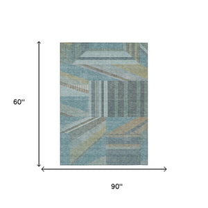5 X 8 Teal Graphite Geometric Polyester Area Rug Washable for Indoor Outdoor Use
