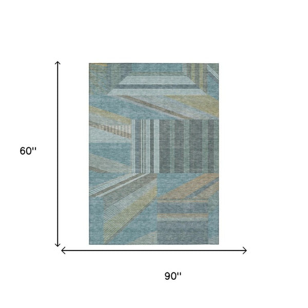 5 X 8 Teal Graphite Geometric Polyester Area Rug Washable for Indoor Outdoor Use