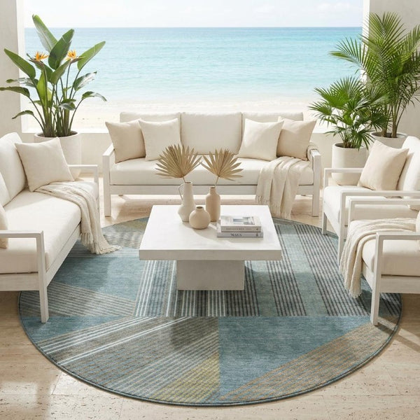 8 Ft Round Geometric Polyester Area Rug in Teal and Graphite for Indoor Outdoor Use