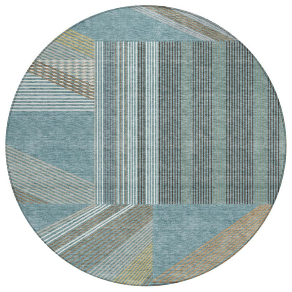 HomeRoots 8 Ft Round Geometric Polyester Area Rug in Teal and Graphite for Indoor Outdoor Use 743536