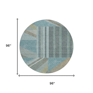 8 Ft Round Geometric Polyester Area Rug in Teal and Graphite for Indoor Outdoor Use