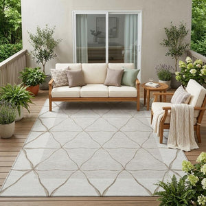 5 X 8 Ivory Taupe Geometric Polyester Area Rug Washable Stain Resistant Indoor Outdoor