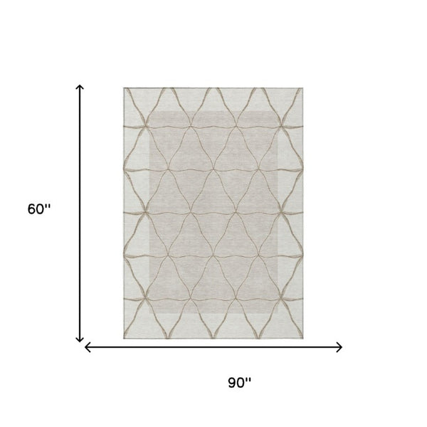 5 X 8 Ivory Taupe Geometric Polyester Area Rug Washable Stain Resistant Indoor Outdoor