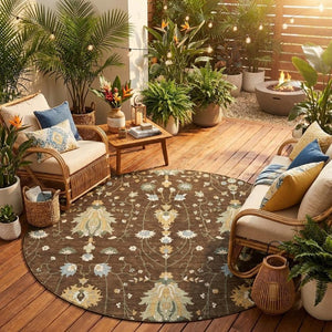 8 Foot Round Oriental Polyester Area Rug for Patio Porch Family Room or Mudroom