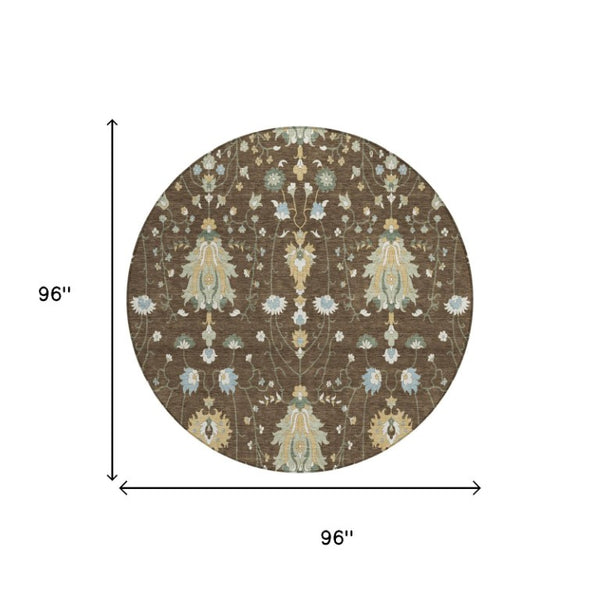 8 Foot Round Oriental Polyester Area Rug for Patio Porch Family Room or Mudroom