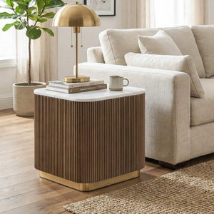 English Elm Brown Round End Table Genuine Marble Top Reeded Plinth Base Gold Steel Accents B2741P476067