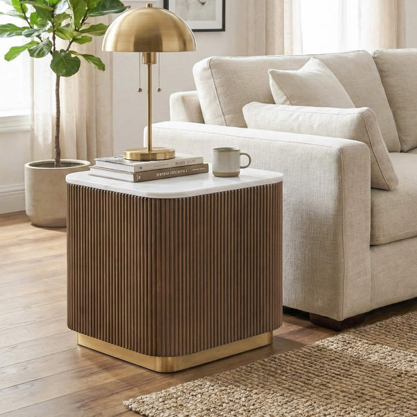 English Elm Brown Round End Table Genuine Marble Top Reeded Plinth Base Gold Steel Accents B2741P476067