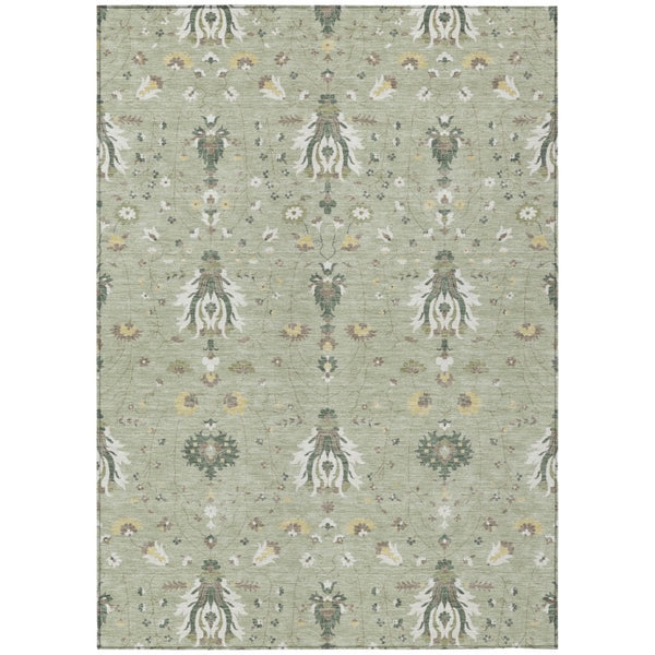HomeRoots 5x8 Oriental Polyester Area Rug Stain Resistant Indoor Outdoor Patio Porch Green Beige 743583