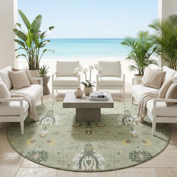 8 Foot Round Oriental Polyester Area Rug Washable for Patio Porch or Family Room