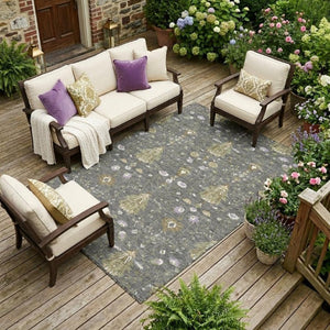 10 X 14 Oriental Polyester Area Rug Washable Indoor Outdoor Gray Graphite Pattern