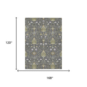 10 X 14 Oriental Polyester Area Rug Washable Indoor Outdoor Gray Graphite Pattern