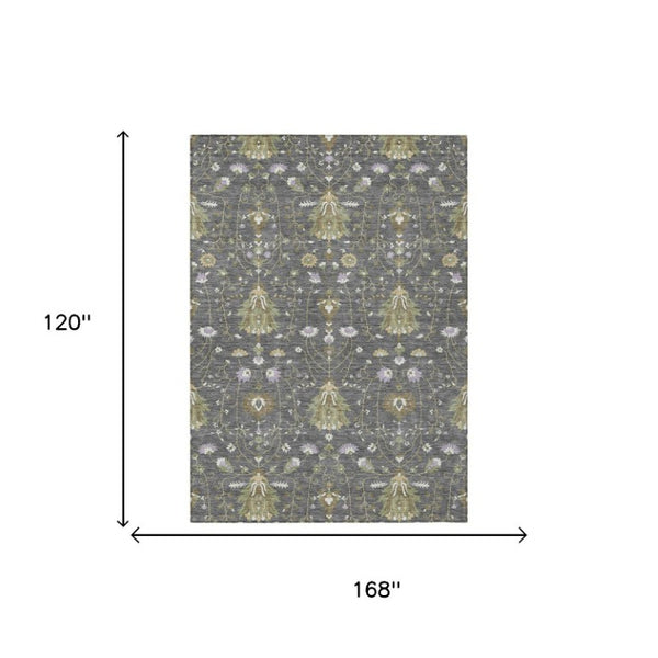10 X 14 Oriental Polyester Area Rug Washable Indoor Outdoor Gray Graphite Pattern