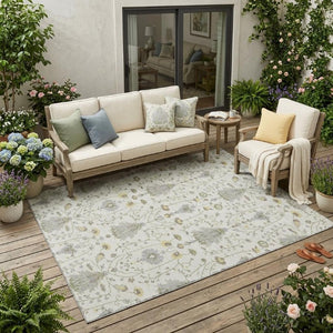 5x8 Ivory Silver Oriental Polyester Area Rug Stain Resistant Indoor Outdoor Use