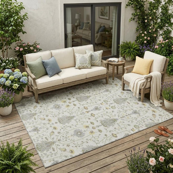 5x8 Ivory Silver Oriental Polyester Area Rug Stain Resistant Indoor Outdoor Use