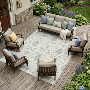 9 X 12 Ivory Silver Oriental Polyester Area Rug Washable for Indoor Outdoor Use