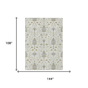 9 X 12 Ivory Silver Oriental Polyester Area Rug Washable for Indoor Outdoor Use
