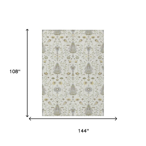 9 X 12 Ivory Silver Oriental Polyester Area Rug Washable for Indoor Outdoor Use