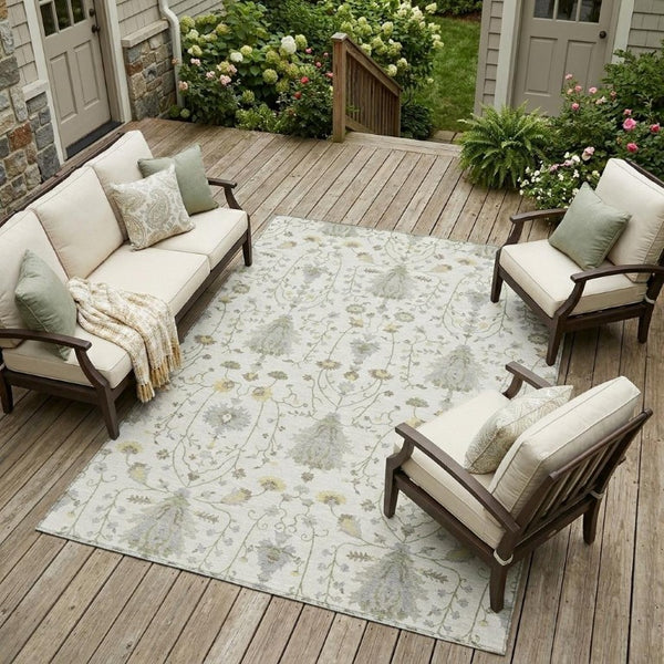 10 X 14 Oriental Polyester Area Rug Washable Stain Resistant Indoor Outdoor Ivory