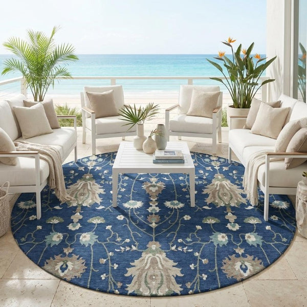8 Foot Round Oriental Geometric Polyester Area Rug Washable for Indoor Outdoor Use