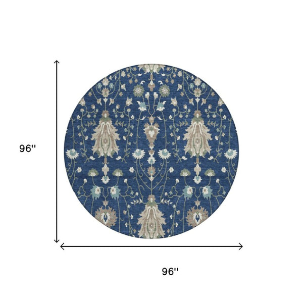 8 Foot Round Oriental Geometric Polyester Area Rug Washable for Indoor Outdoor Use