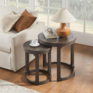 English Elm (1 Coffee Table+1 Side Table) Two-piece Pine Wood Round Set with Wheels Rustic Living Room Dark Brown W2582S00194