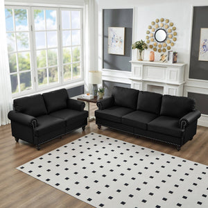 English Elm Modern Classic Living Room 2+3 Seater Sofa Set with Nailhead Trim, Removable Covers, Coil Springs, Hidden Storage Black W1097S00179