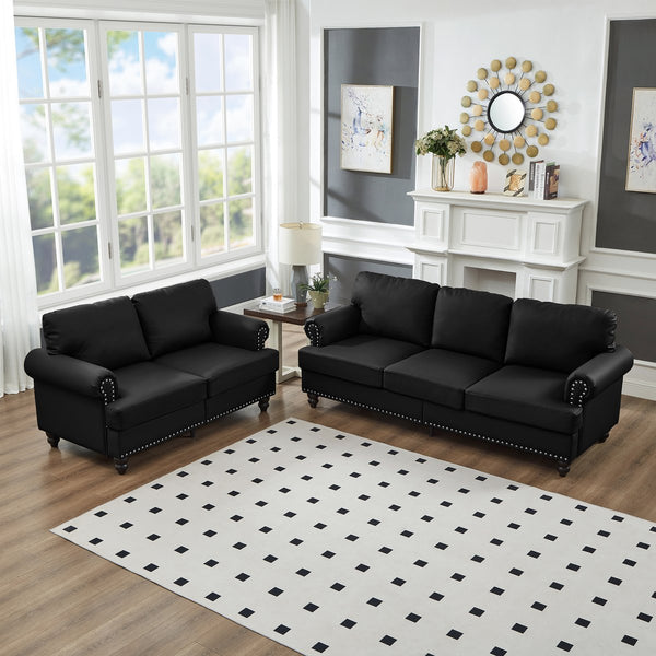 English Elm Modern Classic Living Room 2+3 Seater Sofa Set with Nailhead Trim, Removable Covers, Coil Springs, Hidden Storage Black W1097S00179