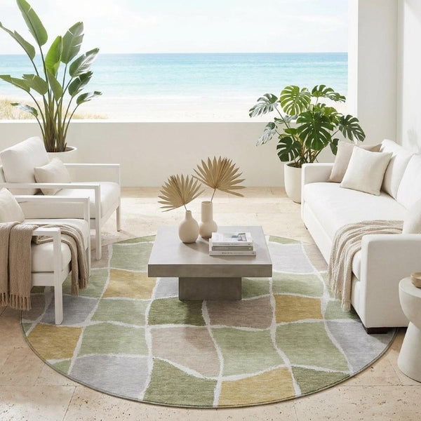8 Ft Round Geometric Polyester Area Rug Washable Indoor Outdoor Patio Green