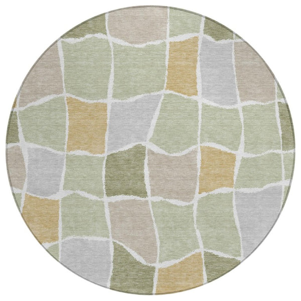 HomeRoots 8 Ft Round Geometric Polyester Area Rug Washable Indoor Outdoor Patio Green 743626