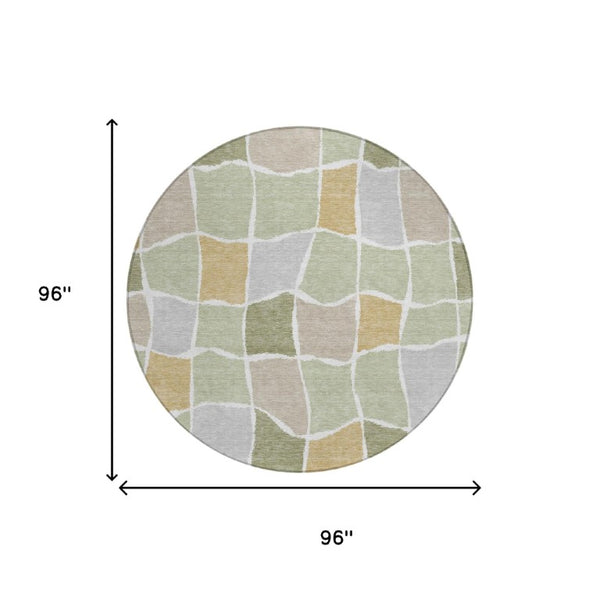 8 Ft Round Geometric Polyester Area Rug Washable Indoor Outdoor Patio Green