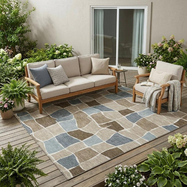 5x8 Geometric Polyester Area Rug Washable Stain Resistant Indoor Outdoor Khaki Brown