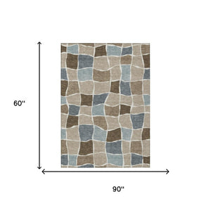 5x8 Geometric Polyester Area Rug Washable Stain Resistant Indoor Outdoor Khaki Brown