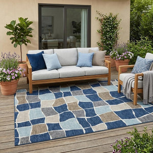 5 X 8 Geometric Polyester Area Rug Washable Indoor Outdoor Navy Stain Resistant
