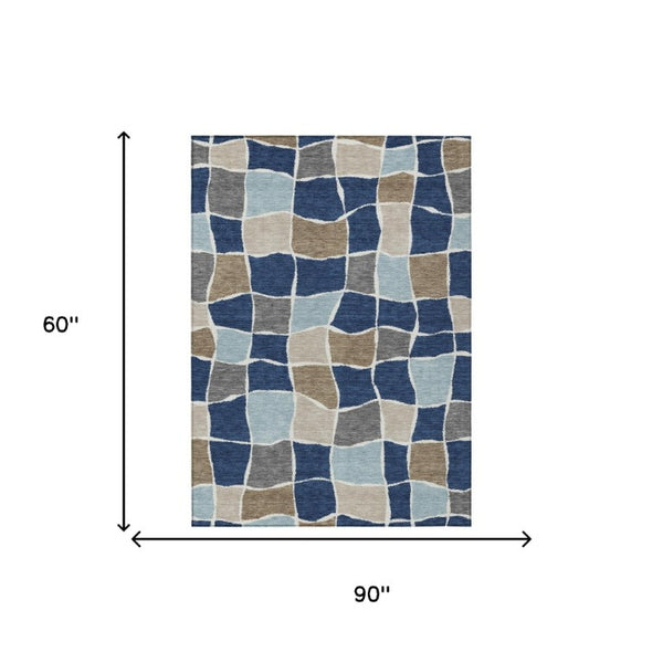 5 X 8 Geometric Polyester Area Rug Washable Indoor Outdoor Navy Stain Resistant