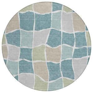 HomeRoots 8 Ft Round Geometric Teal Silver Polyester Washable Rug for Patio or Family Room 743662