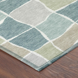 8 Ft Round Geometric Teal Silver Polyester Washable Rug for Patio or Family Room