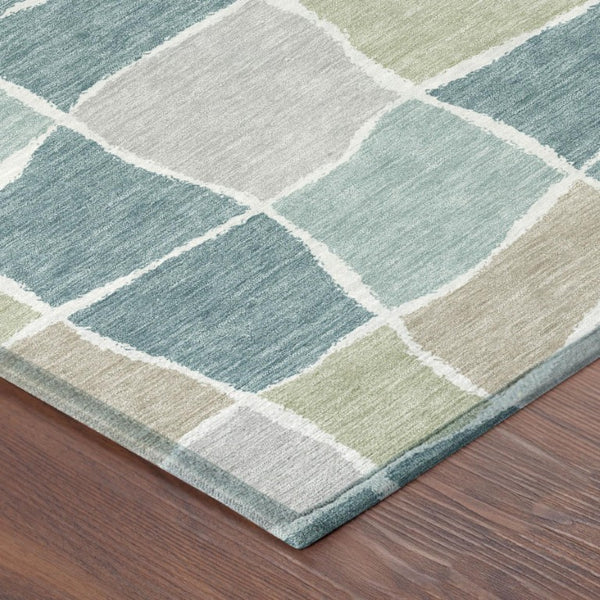 8 Ft Round Geometric Teal Silver Polyester Washable Rug for Patio or Family Room