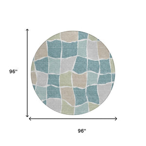 8 Ft Round Geometric Teal Silver Polyester Washable Rug for Patio or Family Room