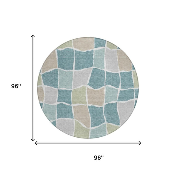 8 Ft Round Geometric Teal Silver Polyester Washable Rug for Patio or Family Room