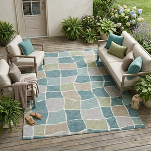 9 X 12 Teal Silver Geometric Polyester Area Rug Washable for Patio or Living Room