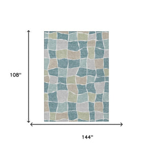 9 X 12 Teal Silver Geometric Polyester Area Rug Washable for Patio or Living Room