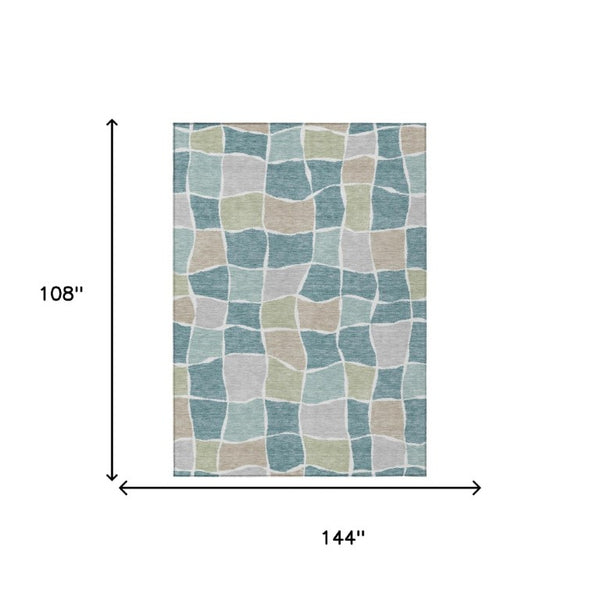 9 X 12 Teal Silver Geometric Polyester Area Rug Washable for Patio or Living Room