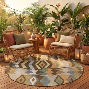8 Ft Round Geometric Polyester Area Rug Washable Stain Resistant Indoor Outdoor Brown