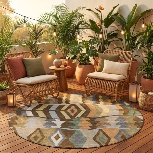 8 Ft Round Geometric Polyester Area Rug Washable Stain Resistant Indoor Outdoor Brown