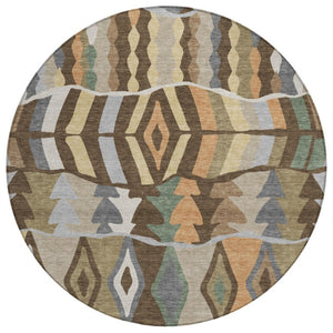 HomeRoots 8 Ft Round Geometric Polyester Area Rug Washable Stain Resistant Indoor Outdoor Brown 743674