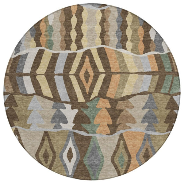 HomeRoots 8 Ft Round Geometric Polyester Area Rug Washable Stain Resistant Indoor Outdoor Brown 743674