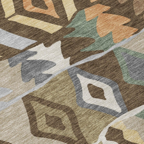 8 Ft Round Geometric Polyester Area Rug Washable Stain Resistant Indoor Outdoor Brown