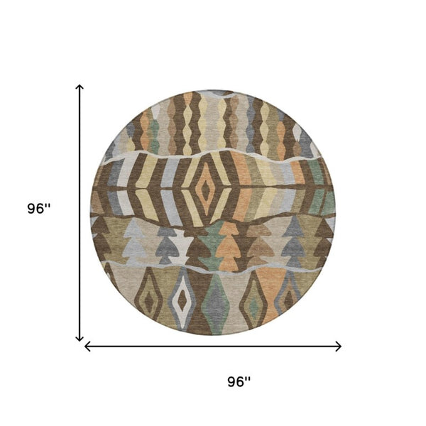 8 Ft Round Geometric Polyester Area Rug Washable Stain Resistant Indoor Outdoor Brown