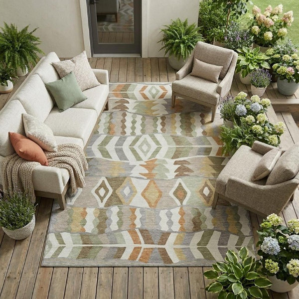 8 X 10 Ivory Silver Geometric Polyester Area Rug Stain Resistant for Patio or Living Room