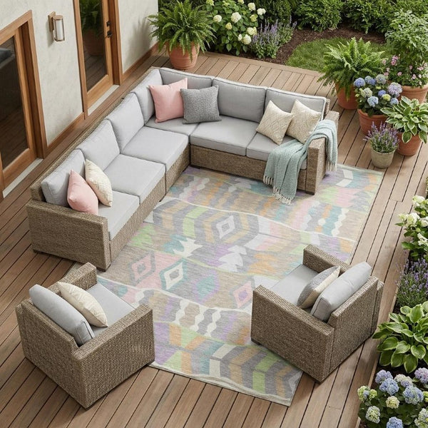 9 X 12 Pewter Gray Geometric Polyester Rug Washable for Patio Porch or Living Room